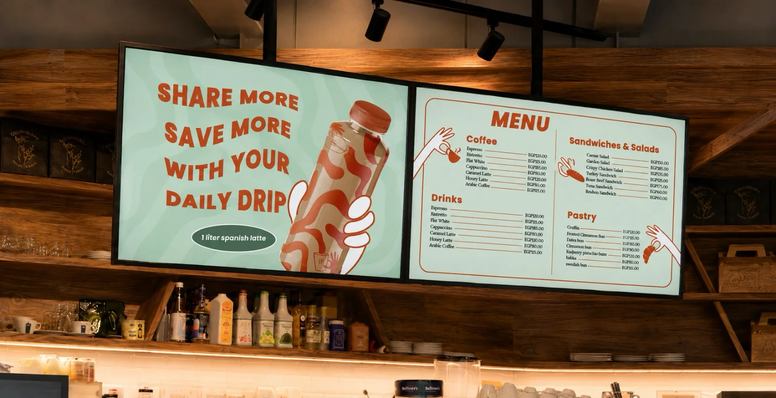Drip Happens digital screen menu